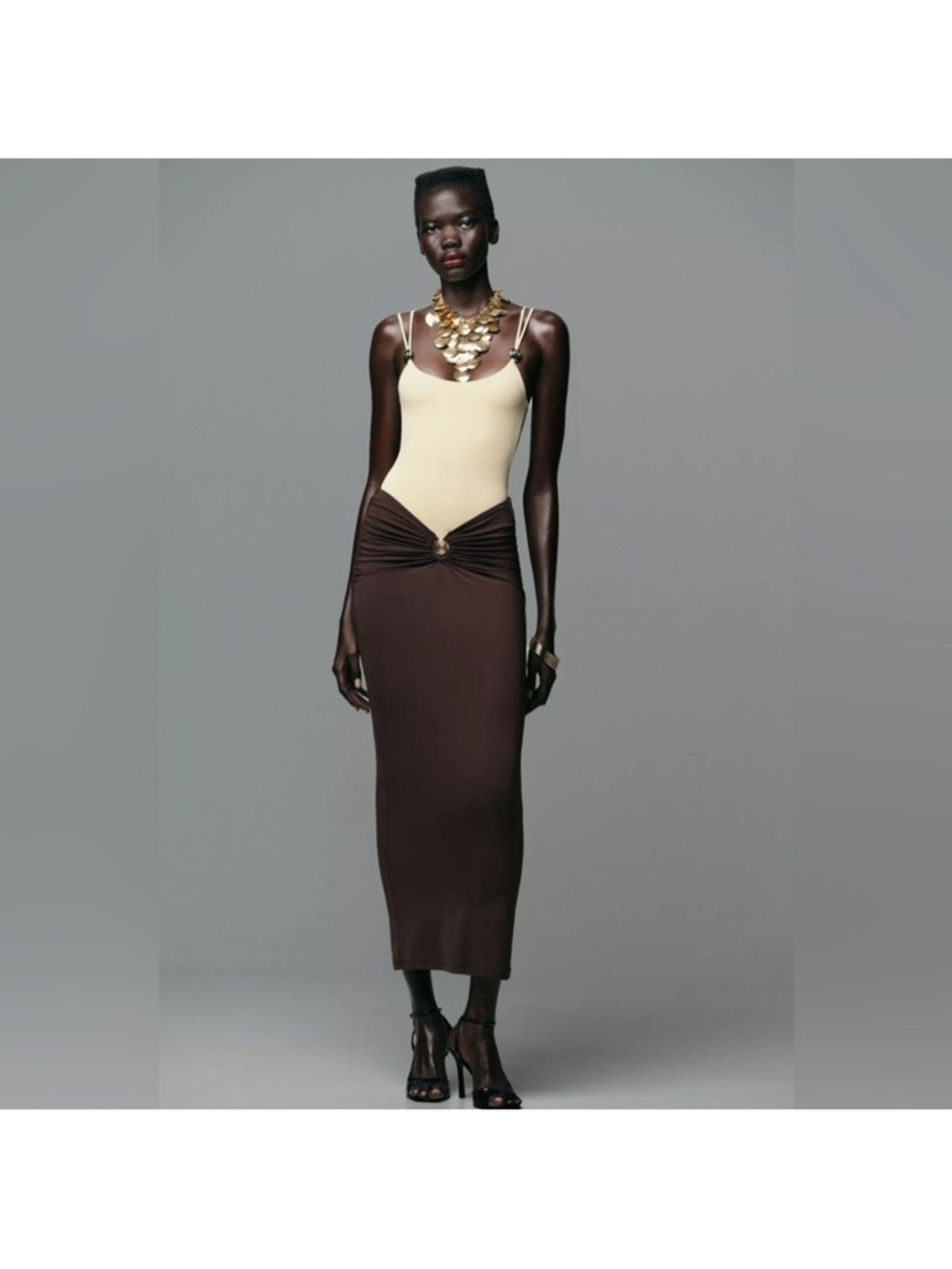 Zara Two-Tone Brown and Cream Knot-Front Maxi Skirt